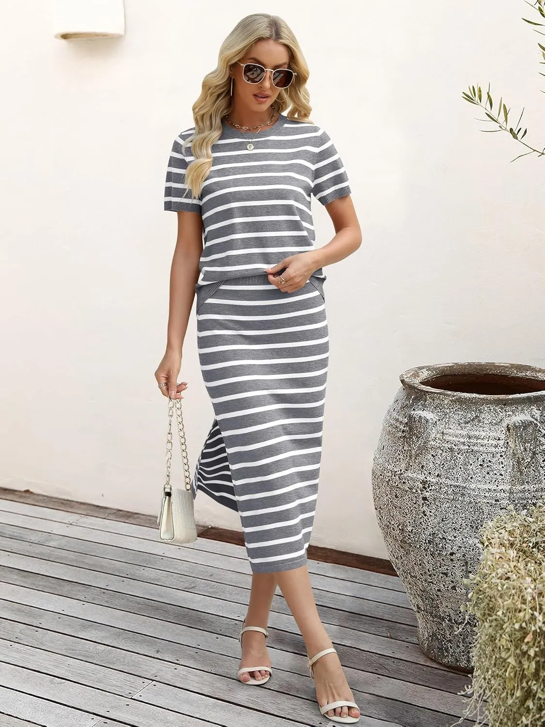ANRABESS Womens 2 Piece Outfits Striped Sweater Skirt Sets 2025 Summer Casual Short Sleeve Pullover Tops Travel Midi Dress