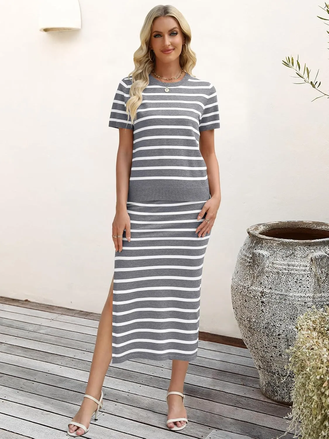 ANRABESS Womens 2 Piece Outfits Striped Sweater Skirt Sets 2025 Summer Casual Short Sleeve Pullover Tops Travel Midi Dress