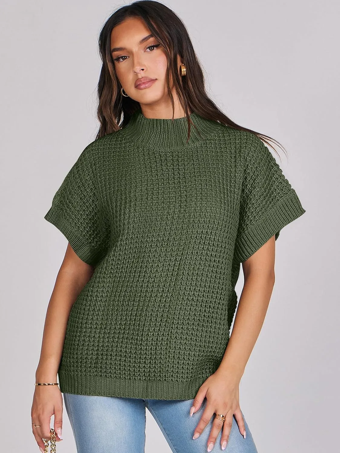 ANRABESS Womens Oversized Short Batwing Sleeve Sweater Mock Neck Casual 2024 Summer Fall Knit Sleeveless Pullover Vest Tops