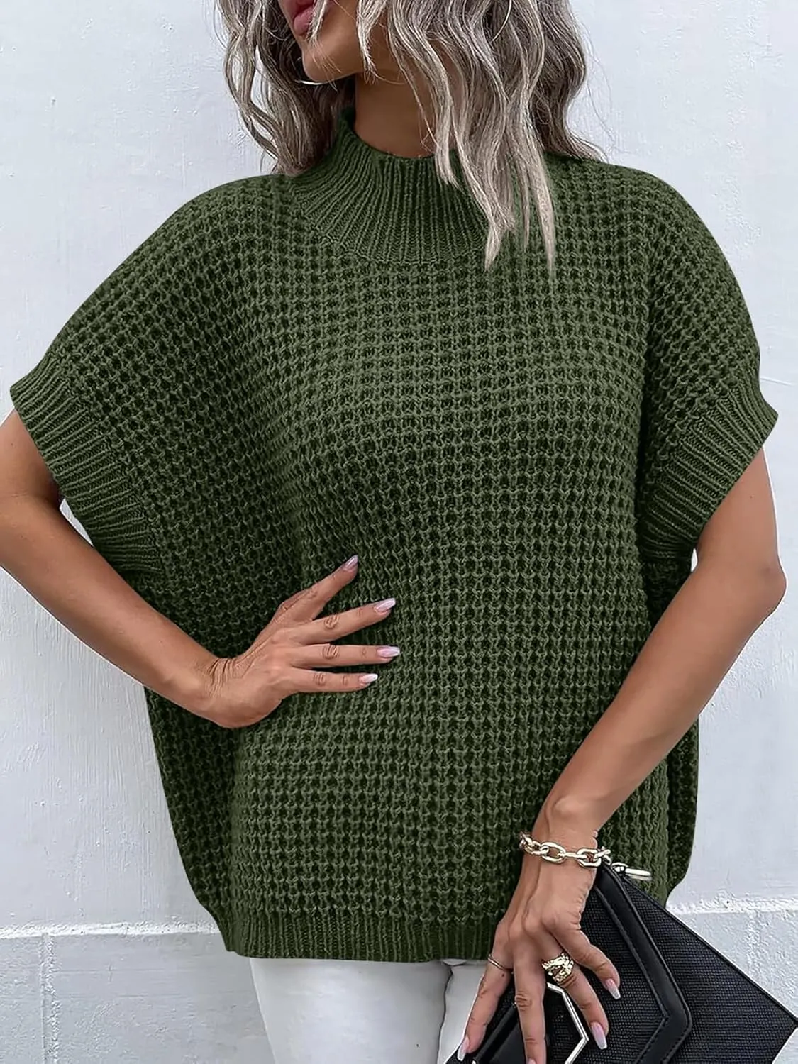 ANRABESS Womens Oversized Short Batwing Sleeve Sweater Mock Neck Casual 2024 Summer Fall Knit Sleeveless Pullover Vest Tops