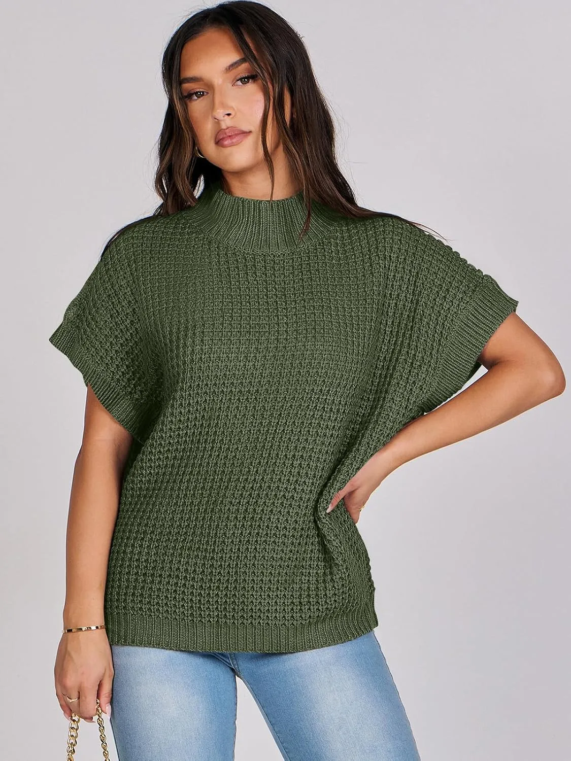 ANRABESS Womens Oversized Short Batwing Sleeve Sweater Mock Neck Casual 2024 Summer Fall Knit Sleeveless Pullover Vest Tops