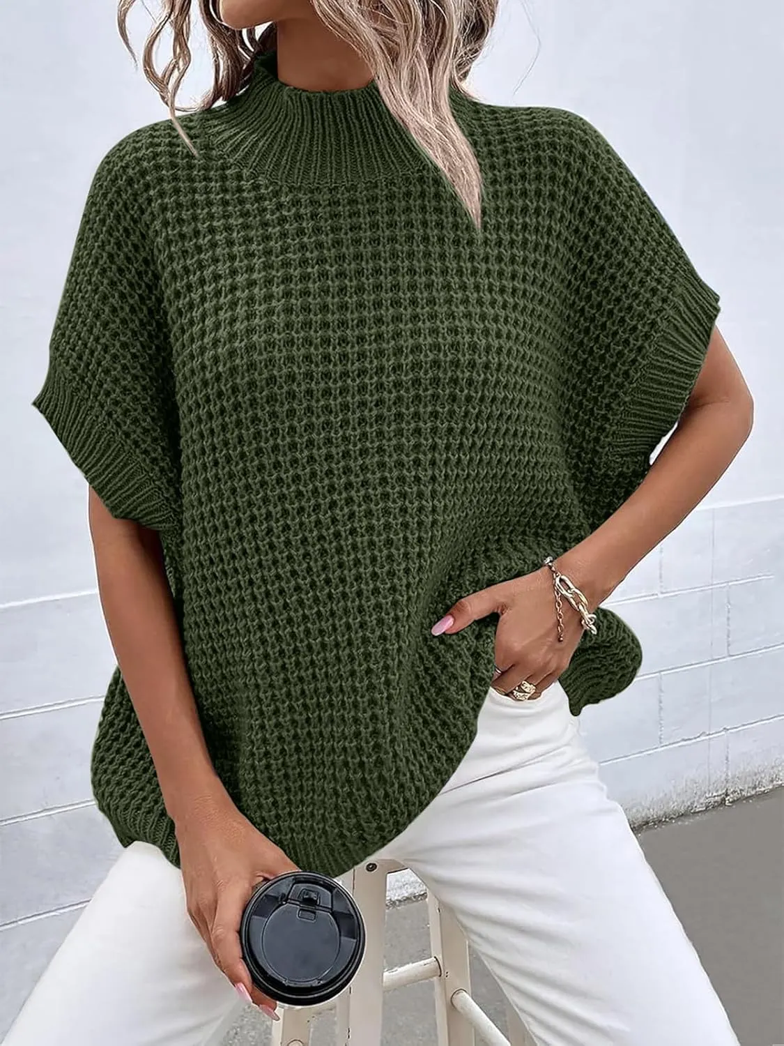 ANRABESS Womens Oversized Short Batwing Sleeve Sweater Mock Neck Casual 2024 Summer Fall Knit Sleeveless Pullover Vest Tops