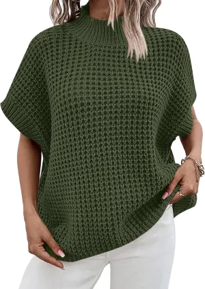 ANRABESS Womens Oversized Short Batwing Sleeve Sweater Mock Neck Casual 2024 Summer Fall Knit Sleeveless Pullover Vest Tops