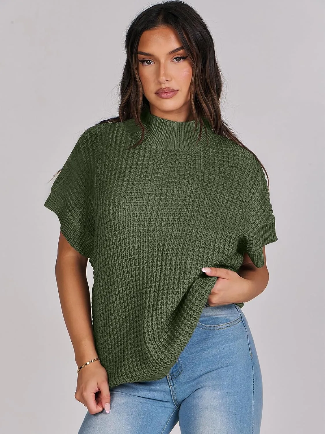 ANRABESS Womens Oversized Short Batwing Sleeve Sweater Mock Neck Casual 2024 Summer Fall Knit Sleeveless Pullover Vest Tops
