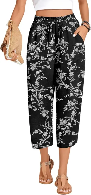 Anyhold Womens High Waist Wide Leg Capri Pants Adjustable Drawstring Loose Fit Summer Beach Pants Pockets