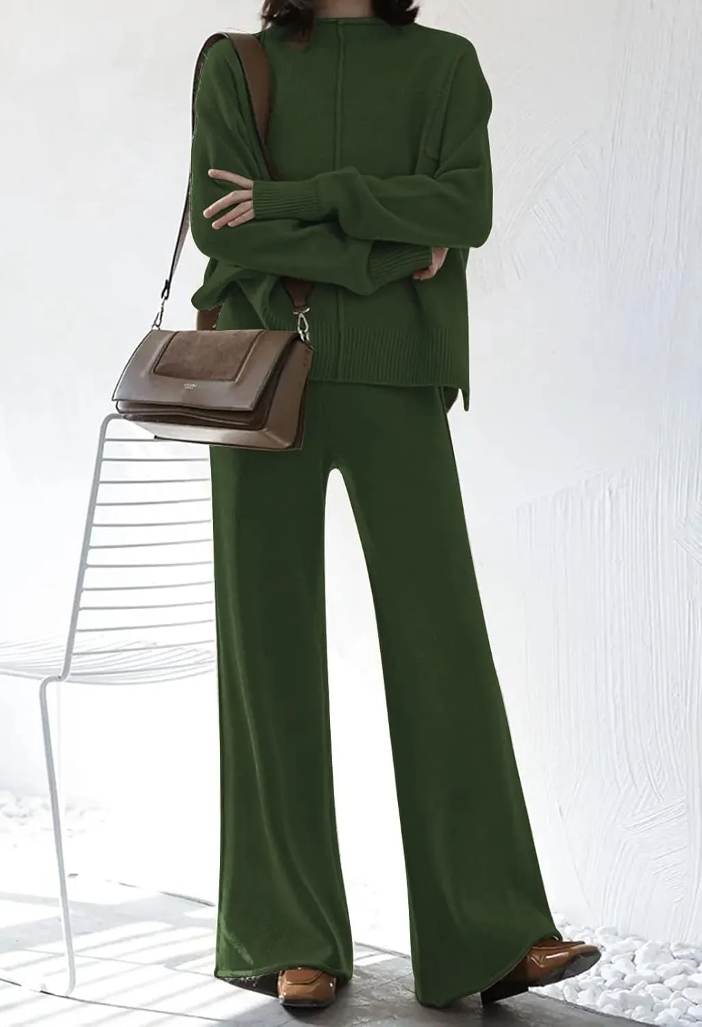 AOHITE Womens 2 Piece Outfit Set Long Sleeve Knit Pullover Sweater Top and Wide Leg Pants Sweatsuit