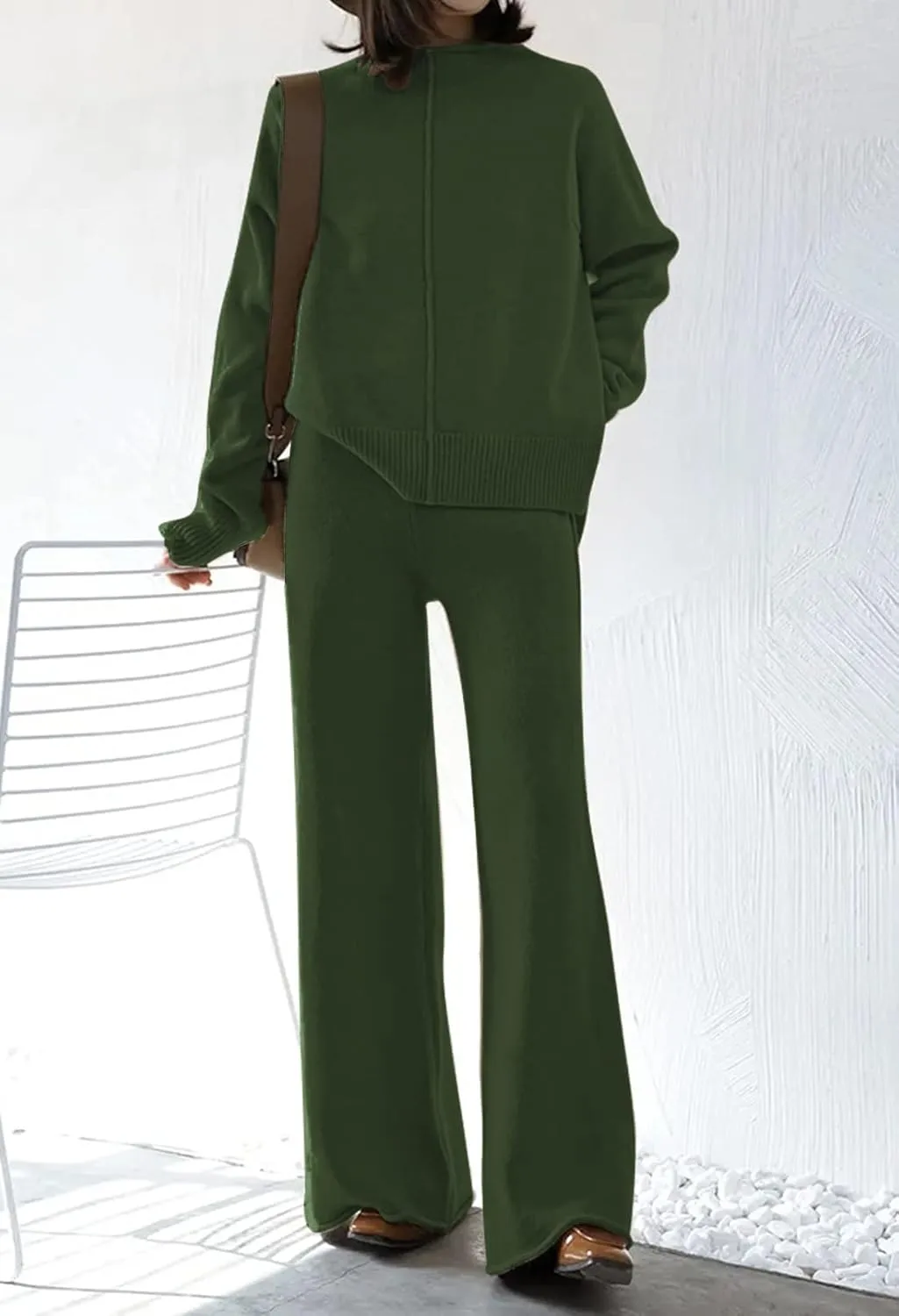 AOHITE Womens 2 Piece Outfit Set Long Sleeve Knit Pullover Sweater Top and Wide Leg Pants Sweatsuit