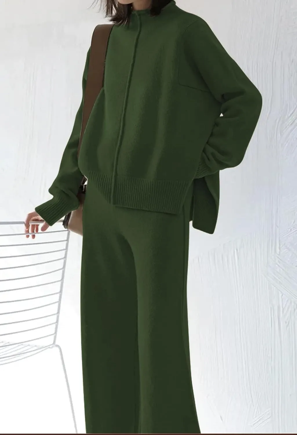 AOHITE Womens 2 Piece Outfit Set Long Sleeve Knit Pullover Sweater Top and Wide Leg Pants Sweatsuit