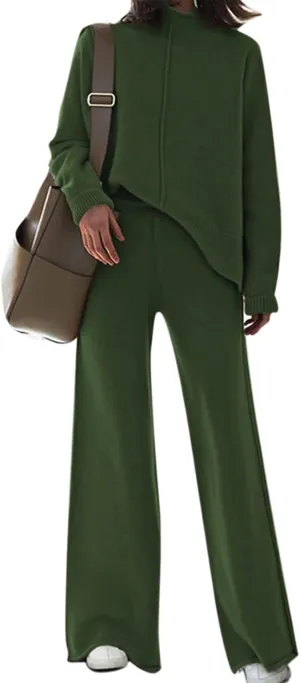 AOHITE Womens 2 Piece Outfit Set Long Sleeve Knit Pullover Sweater Top and Wide Leg Pants Sweatsuit