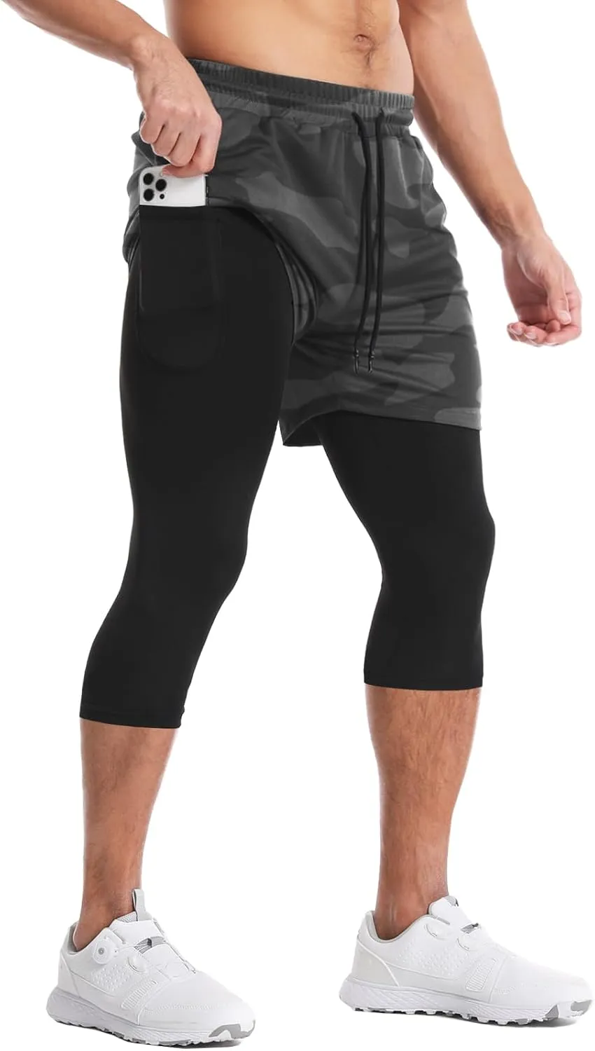 Aolesy Men's 2 in 1 Running Pants, Gym Workout Compression Pants for Men Training Athletic Pants