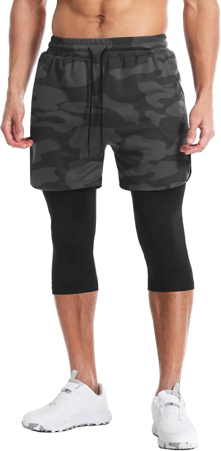 Aolesy Men's 2 in 1 Running Pants, Gym Workout Compression Pants for Men Training Athletic Pants