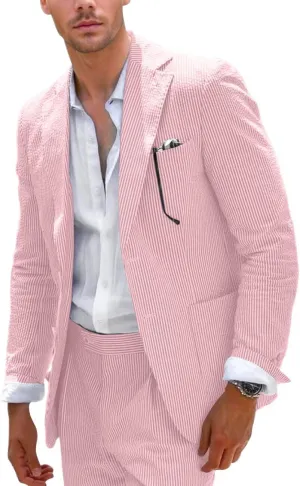 Aowdoy Blue Seersucker Suits 2 Piece Casual Summer Beach Men Suits Wedding Grooms Jacket Pants Striped Suit Set