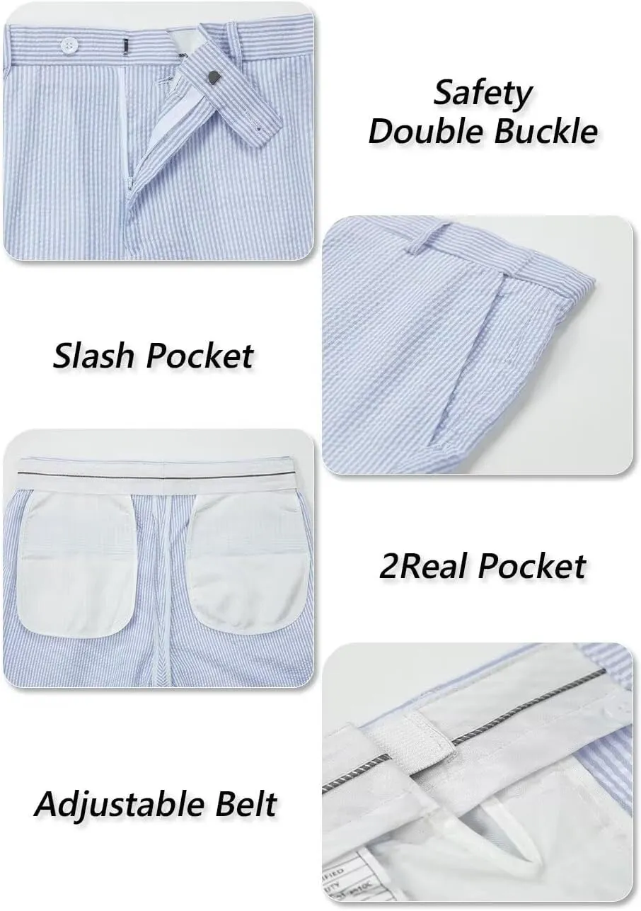 Aowdoy Blue Seersucker Suits 2 Piece Casual Summer Beach Men Suits Wedding Grooms Jacket Pants Striped Suit Set