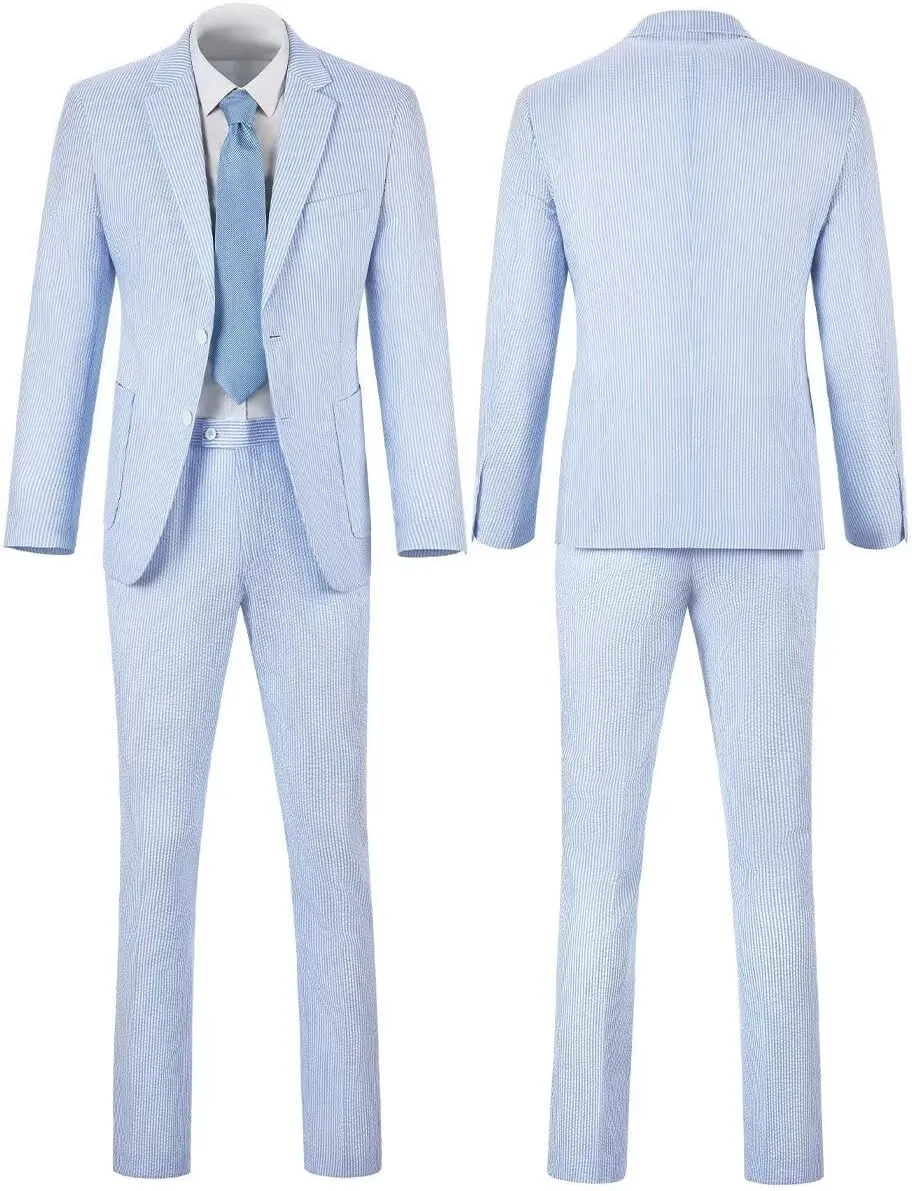 Aowdoy Blue Seersucker Suits 2 Piece Casual Summer Beach Men Suits Wedding Grooms Jacket Pants Striped Suit Set