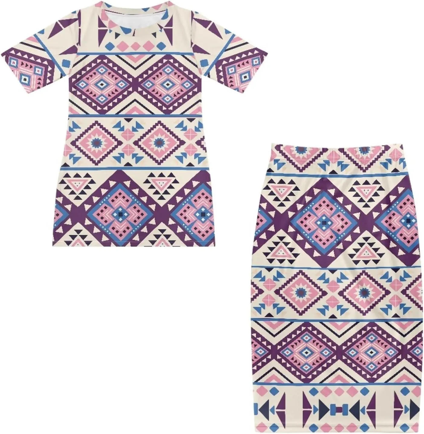 Aztec Native American High Waist Midi Skirt Set Women 2 Piece Summer Outfits Tops High Waist Midi Skirt Set