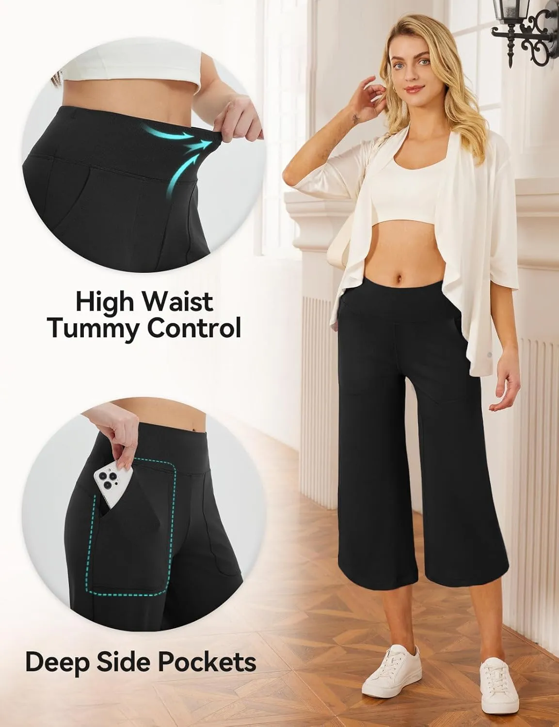 baleaf Capris Pants for Women Yoga Capri Leggings with Pockets Loose High Waist Crop Workout Pants Wide Leg Casual Summer