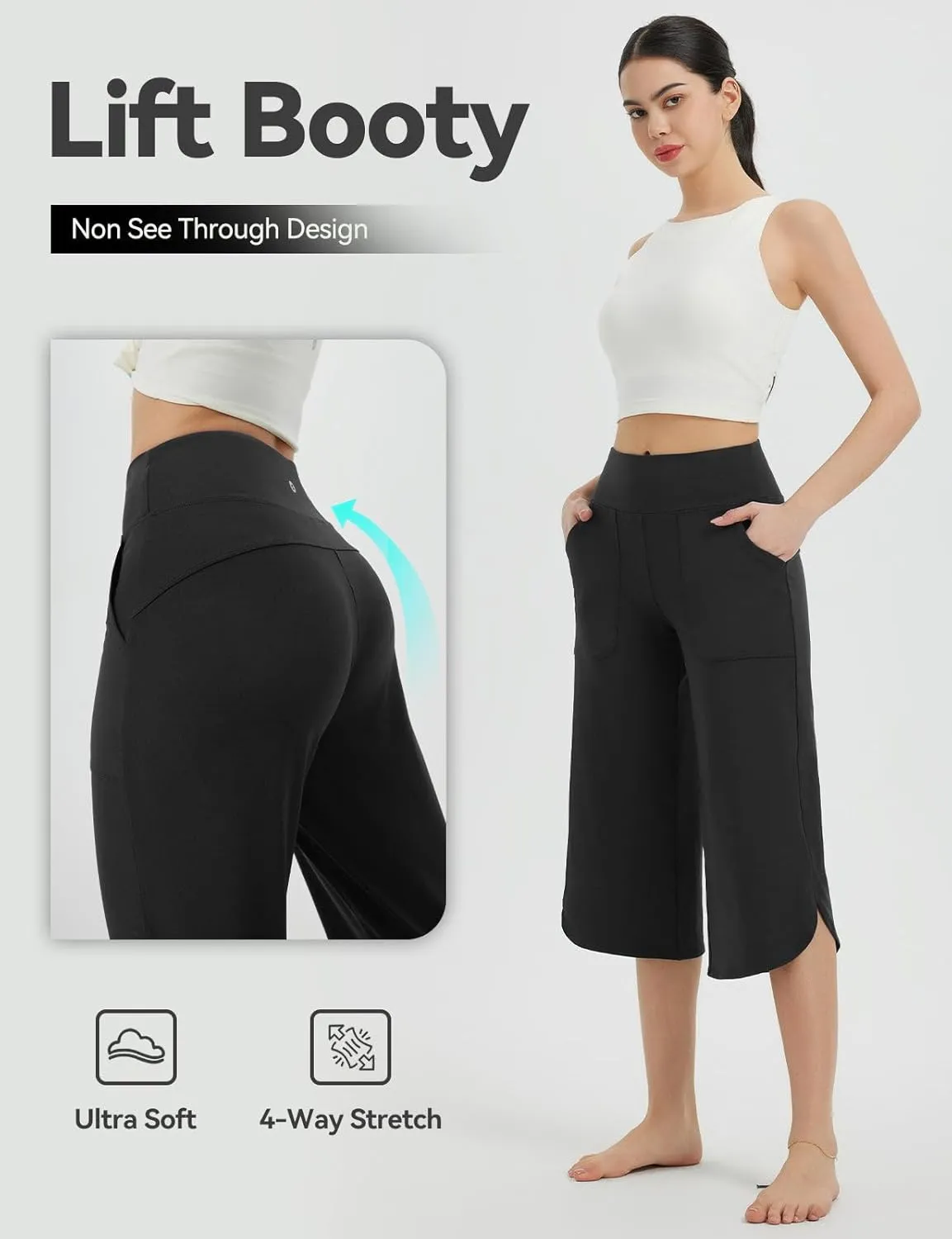 baleaf Capris Pants for Women Yoga Capri Leggings with Pockets Loose High Waist Crop Workout Pants Wide Leg Casual Summer