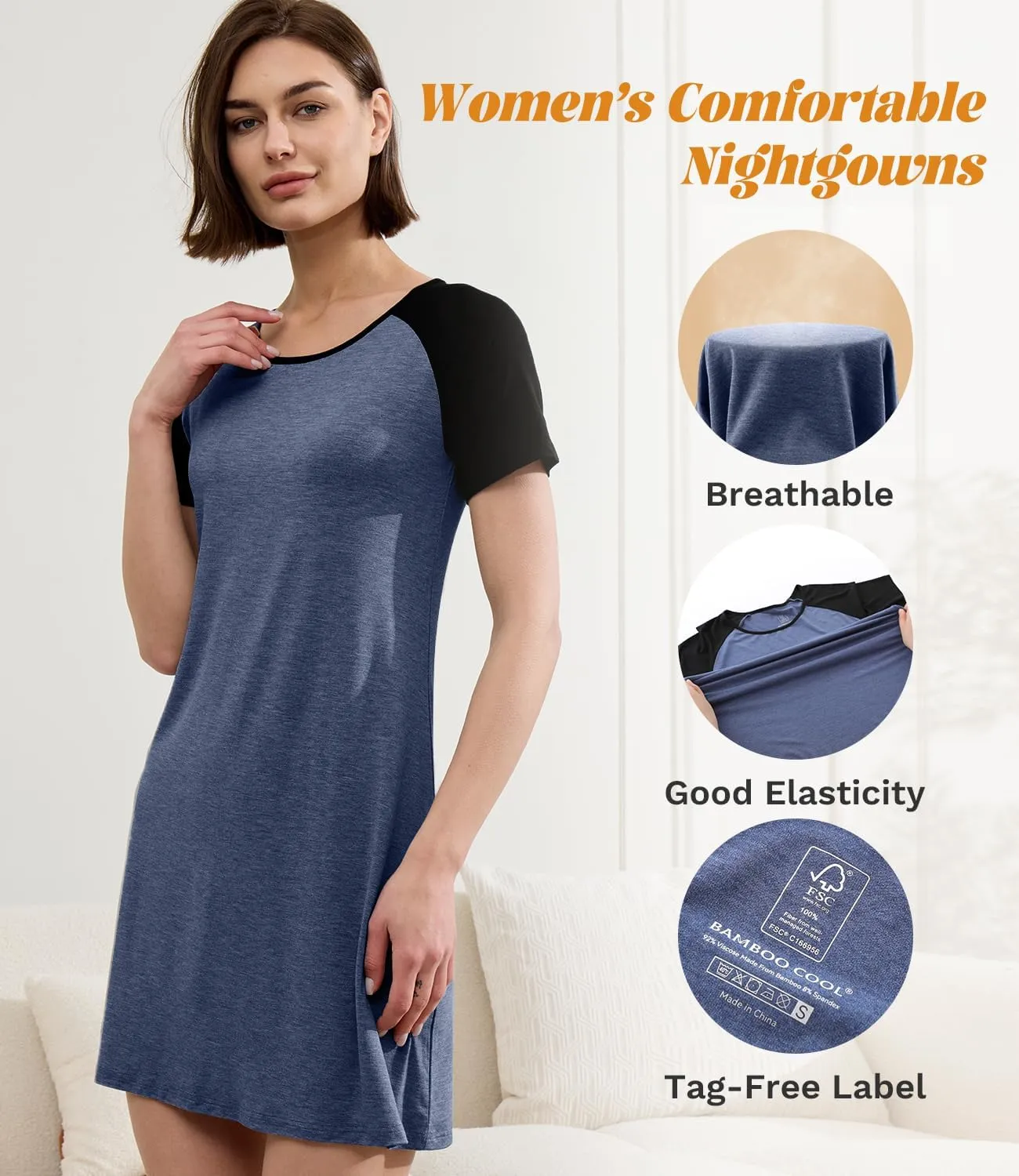 BAMBOO COOL Womens Nightgown Soft Sleepwear Short Sleeve Pajamas Lounge Sleep Dress Comfy Nightshirt for Ladies