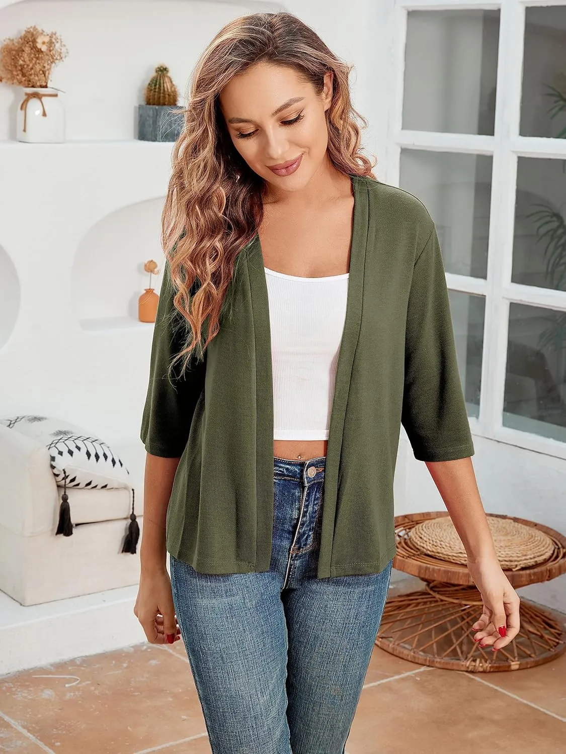 BENANCY Women 3/4 Sleeves Bolero Shrugs Open Front Lightweight Cardigan