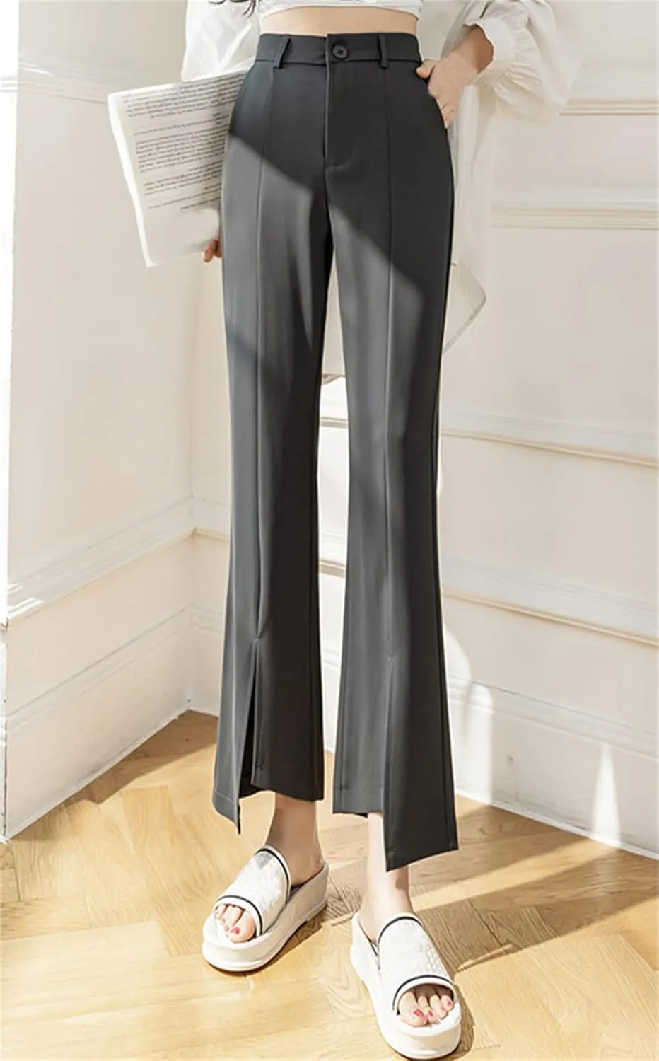 Betusline Women's Split Front High Waist Asymmetrical Hem Cropped Bootcut Pants