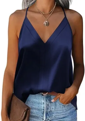 Beyove Womens Silk Satin Tank Tops V Neck Sleeveless Camisole Cami Spaghetti Straps Blouse Summer Loose Racerback Shirt