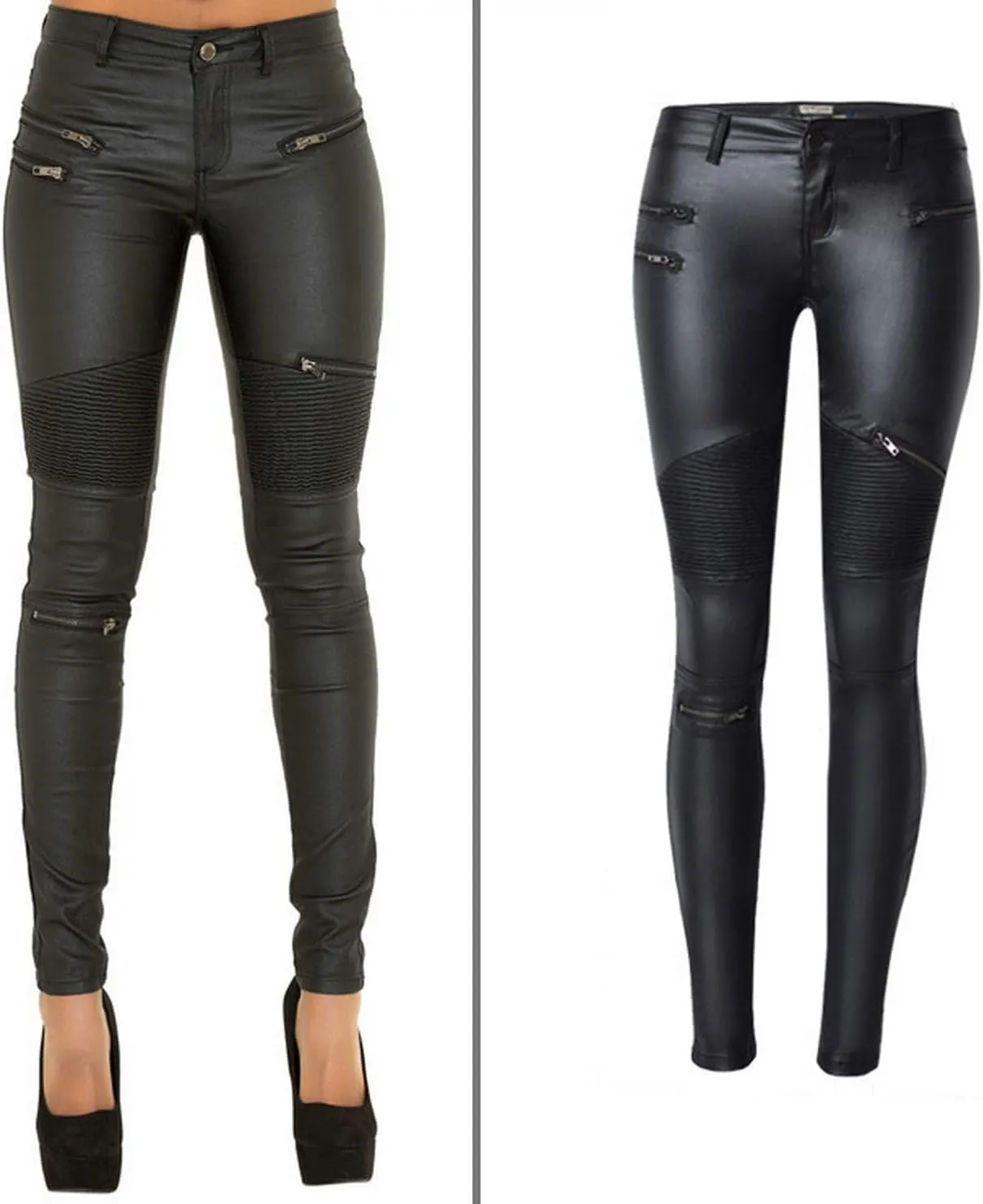 Black Pants PU Leather Coated Denim Pants for Women Sexy Tight Stretchy Rider Leggings
