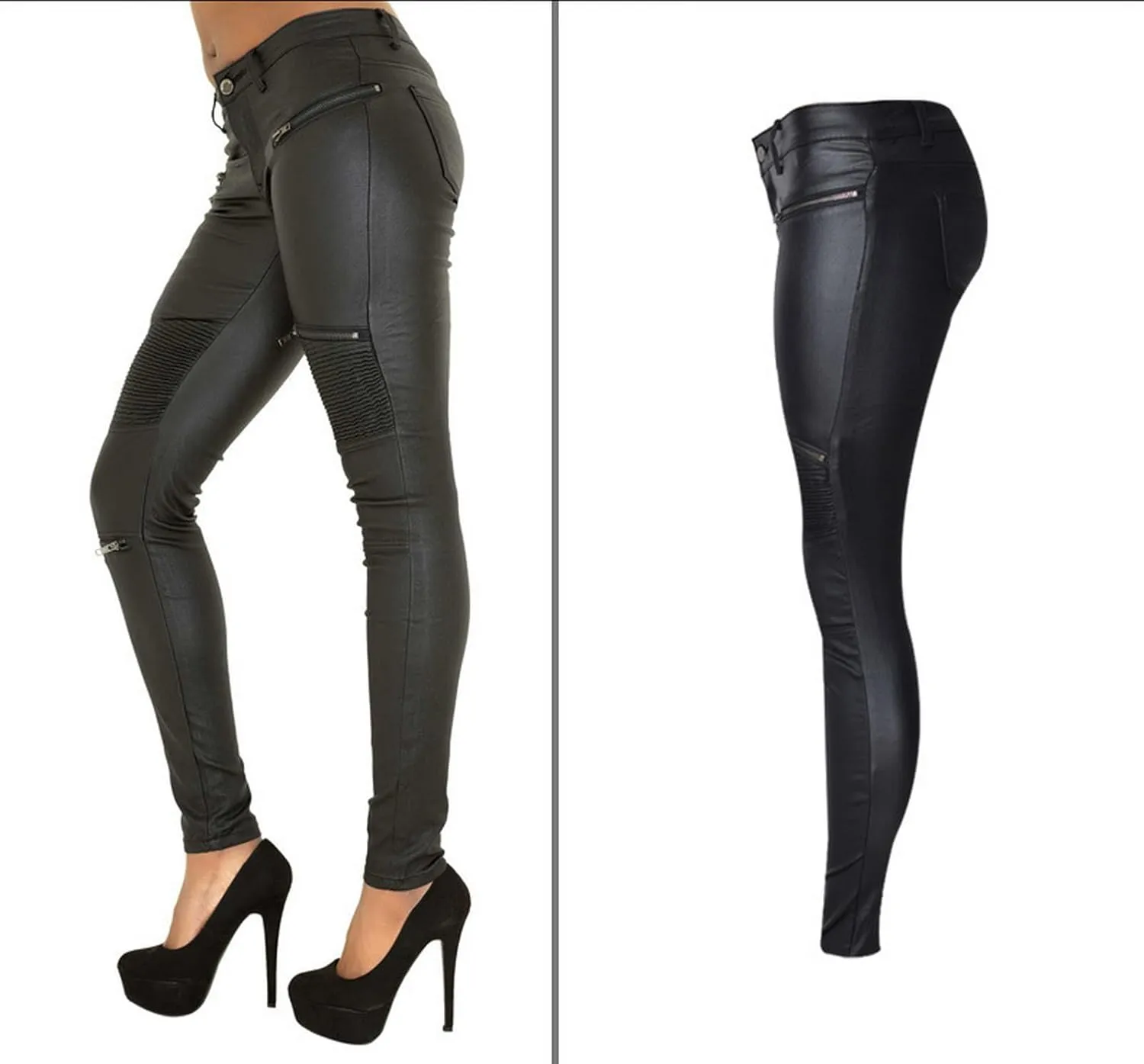 Black Pants PU Leather Coated Denim Pants for Women Sexy Tight Stretchy Rider Leggings