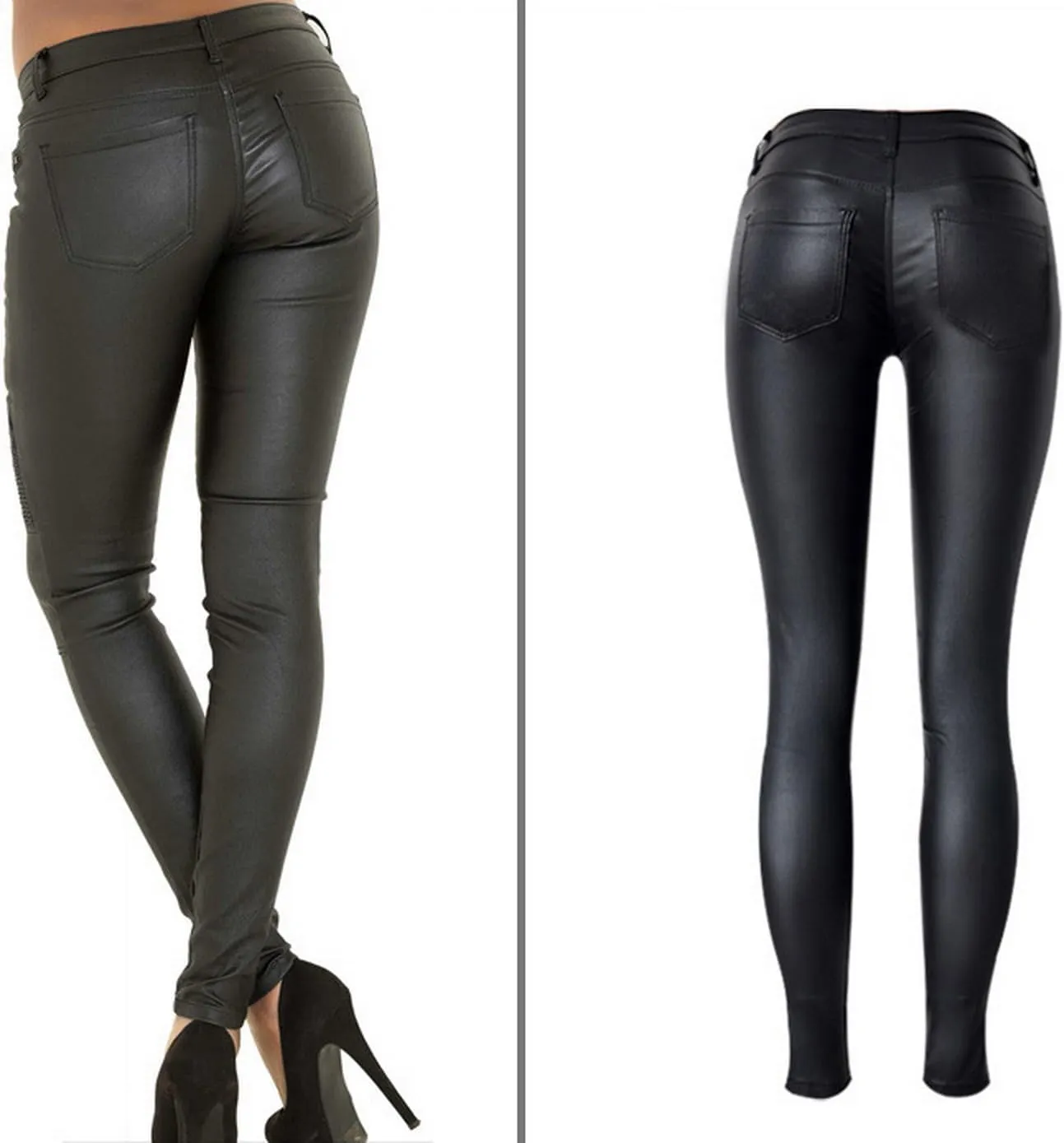 Black Pants PU Leather Coated Denim Pants for Women Sexy Tight Stretchy Rider Leggings