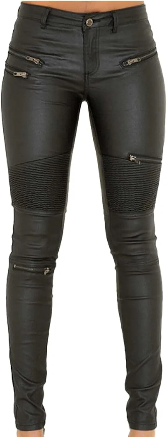 Black Pants PU Leather Coated Denim Pants for Women Sexy Tight Stretchy Rider Leggings