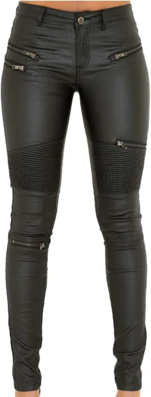 Black Pants PU Leather Coated Denim Pants for Women Sexy Tight Stretchy Rider Leggings