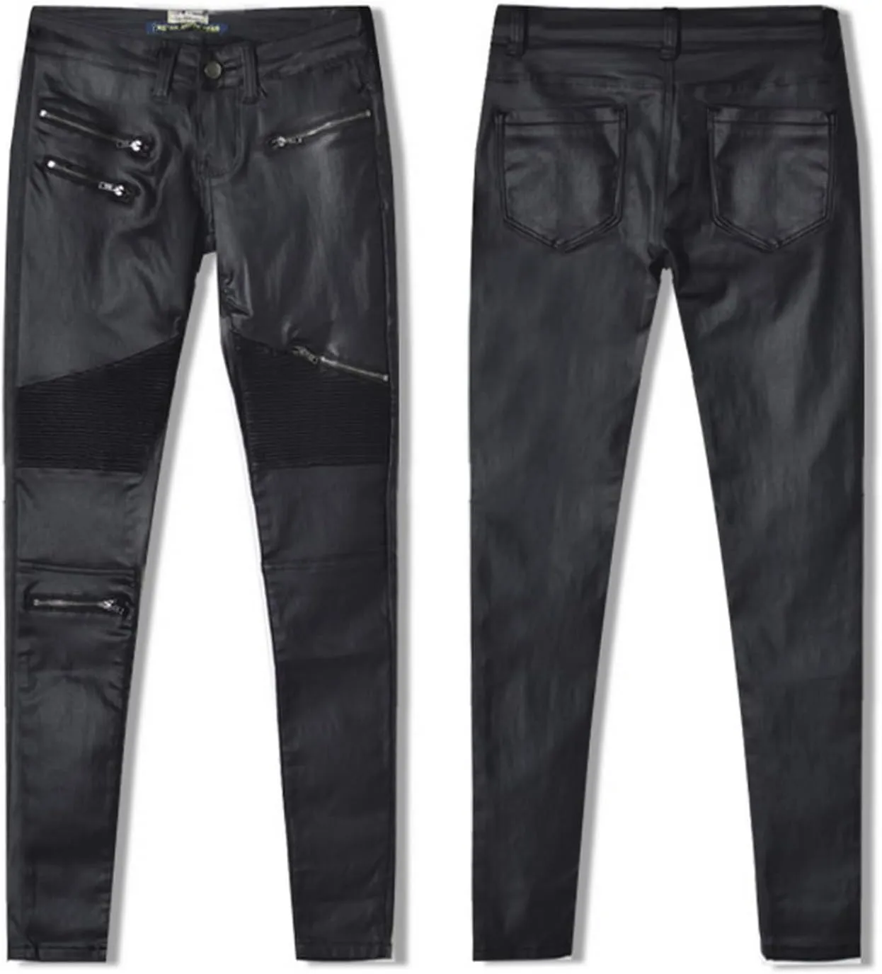 Black Pants PU Leather Coated Denim Pants for Women Sexy Tight Stretchy Rider Leggings