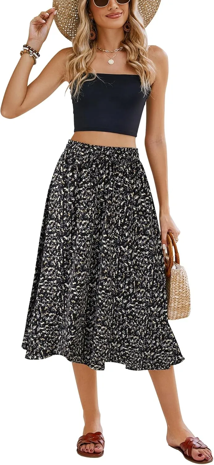 Bluetime Women Floral Print Midi Skirt Summer Beach Pleated Elastic High Waisted A Line Skirt