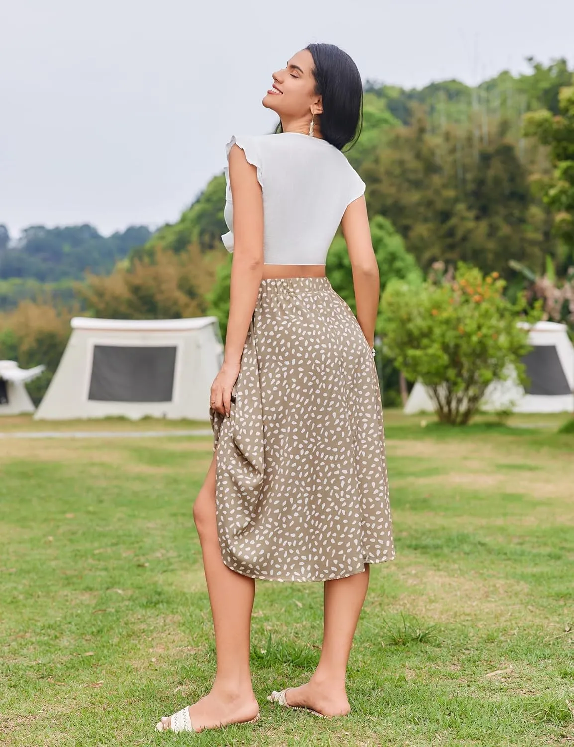 Bluetime Women Floral Print Midi Skirt Summer Beach Pleated Elastic High Waisted A Line Skirt