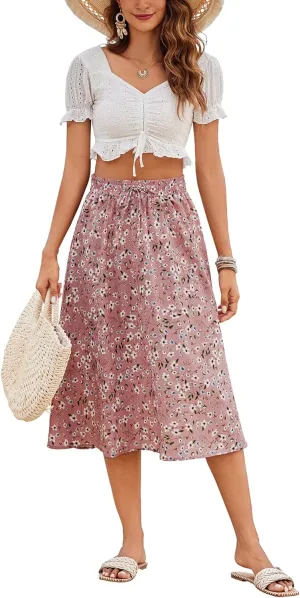 Bluetime Women Floral Print Midi Skirt Summer Beach Pleated Elastic High Waisted A Line Skirt