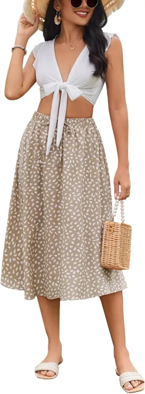 Bluetime Women Floral Print Midi Skirt Summer Beach Pleated Elastic High Waisted A Line Skirt