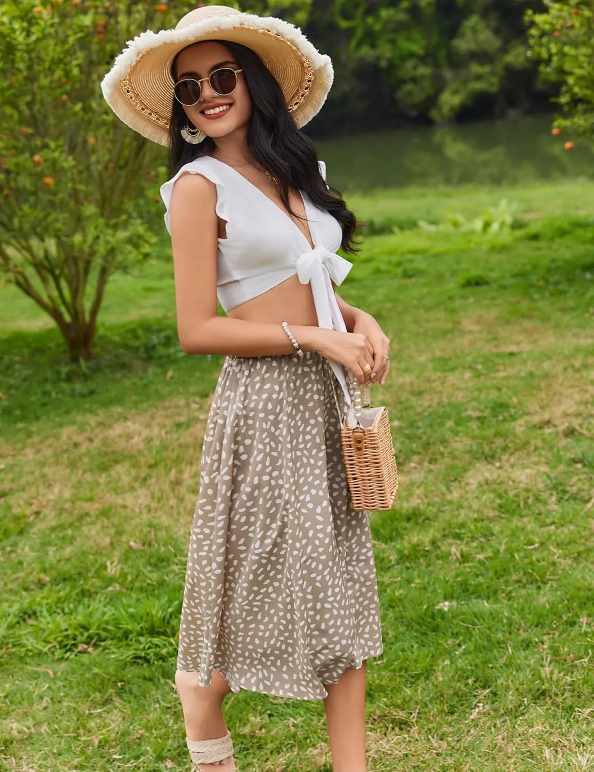 Bluetime Women Floral Print Midi Skirt Summer Beach Pleated Elastic High Waisted A Line Skirt