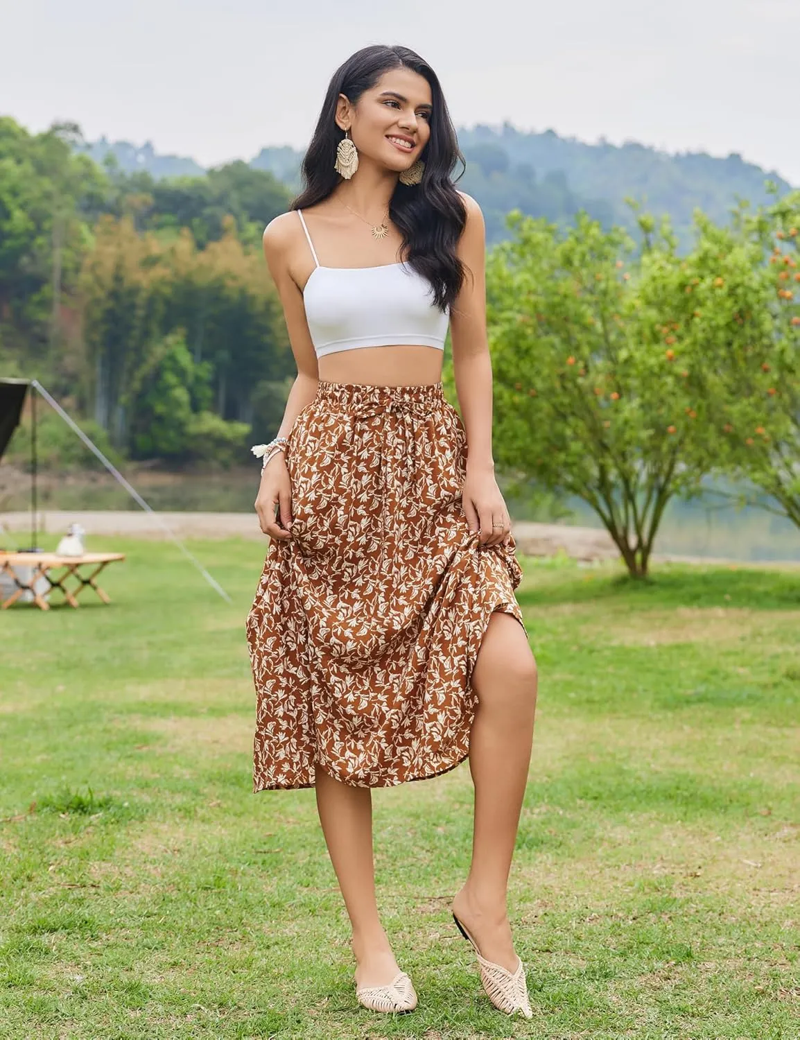 Bluetime Women Floral Print Midi Skirt Summer Beach Pleated Elastic High Waisted A Line Skirt