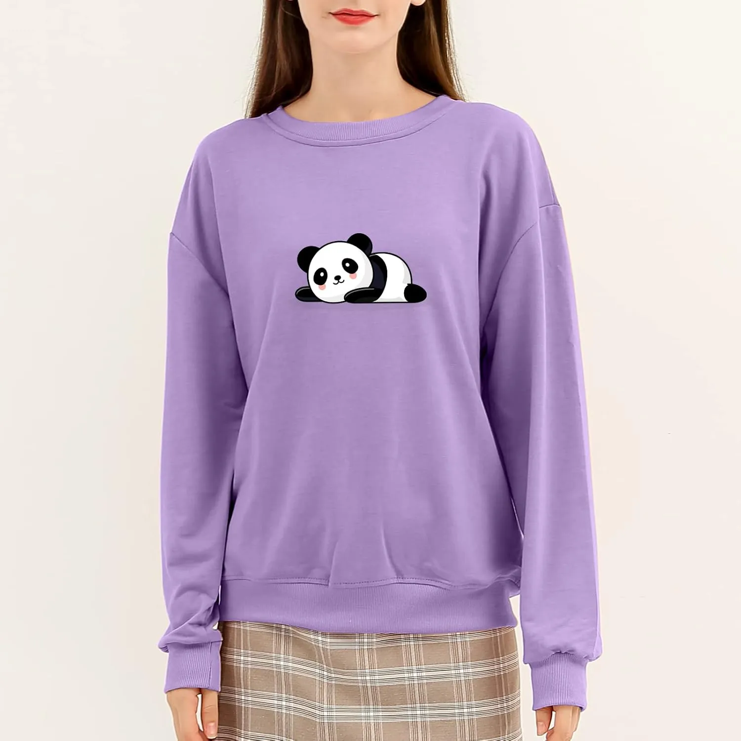 Bobeutou Cute Panda Print Crewneck Sweatshirt Women Pullove Long Sleeve Oversized Hoodie for Teen Girls Loose Y2k Kawaii Tops