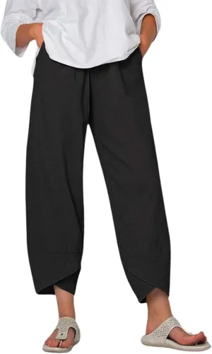 Boho Capri Pants for Women Japanese Asian Palazzo High Elastic Waist Trousers Pants with Pockets Summer Beach