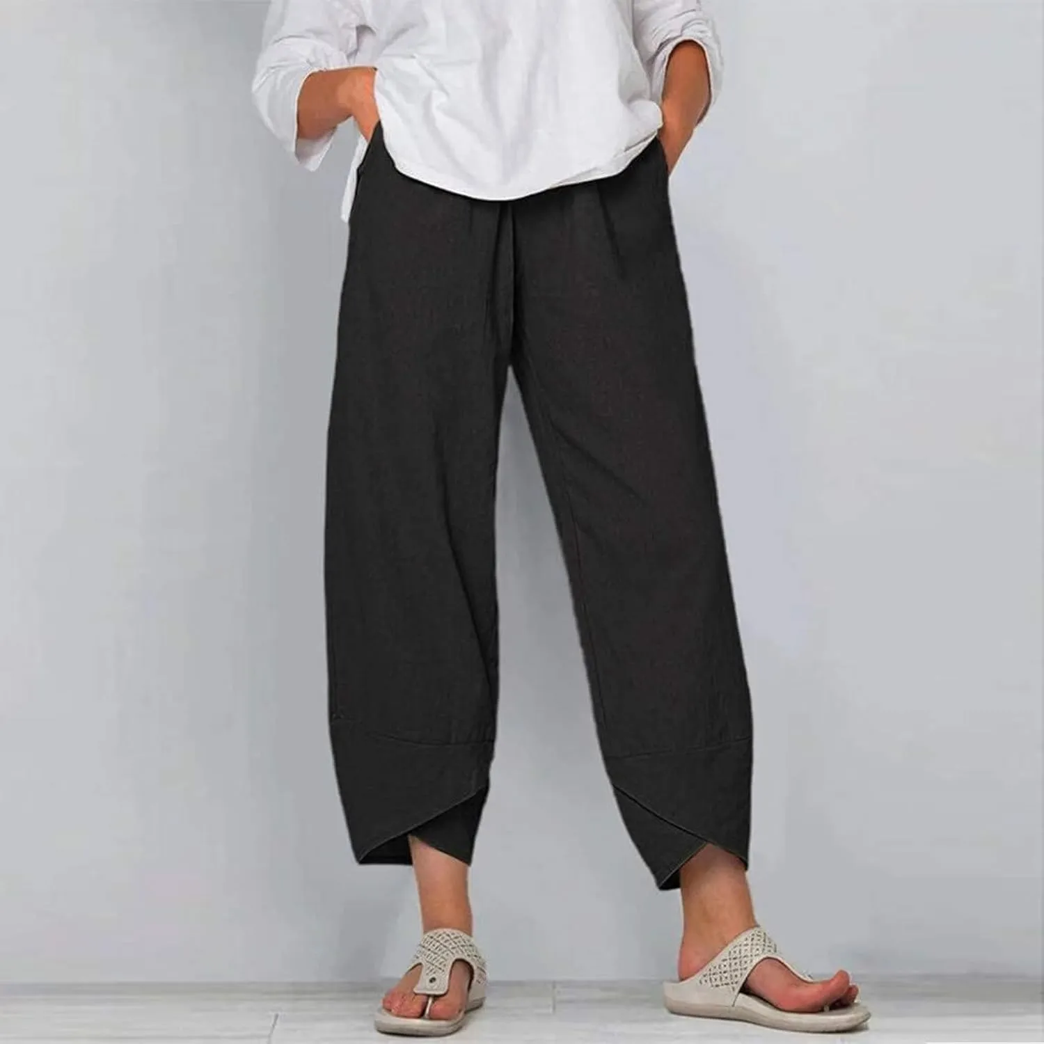 Boho Capri Pants for Women Japanese Asian Palazzo High Elastic Waist Trousers Pants with Pockets Summer Beach