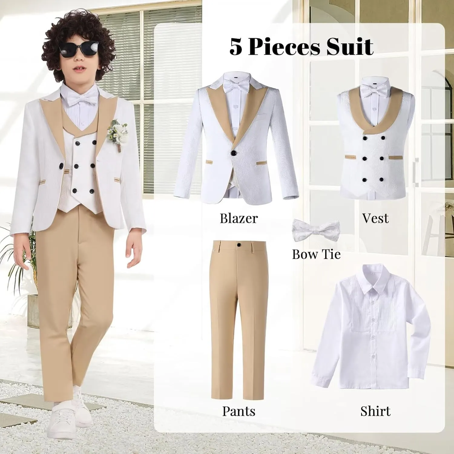 Boys Suit Floral Jacquard Suits for Boys Formal Outfit 5 Pcs Wedding Kids Suit Blazer Vest Pants Tie Shirt Set