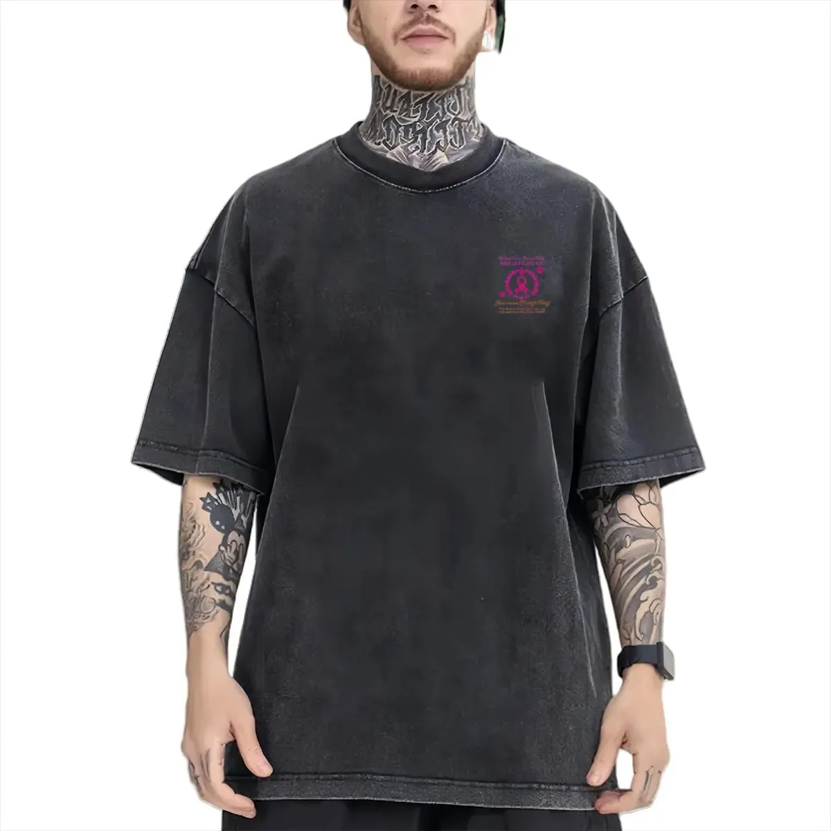 Breast Cancer Awareness Classic Two Sides Retro Short Sleeve Shirt Men's Round Neck Sports T-Shirt