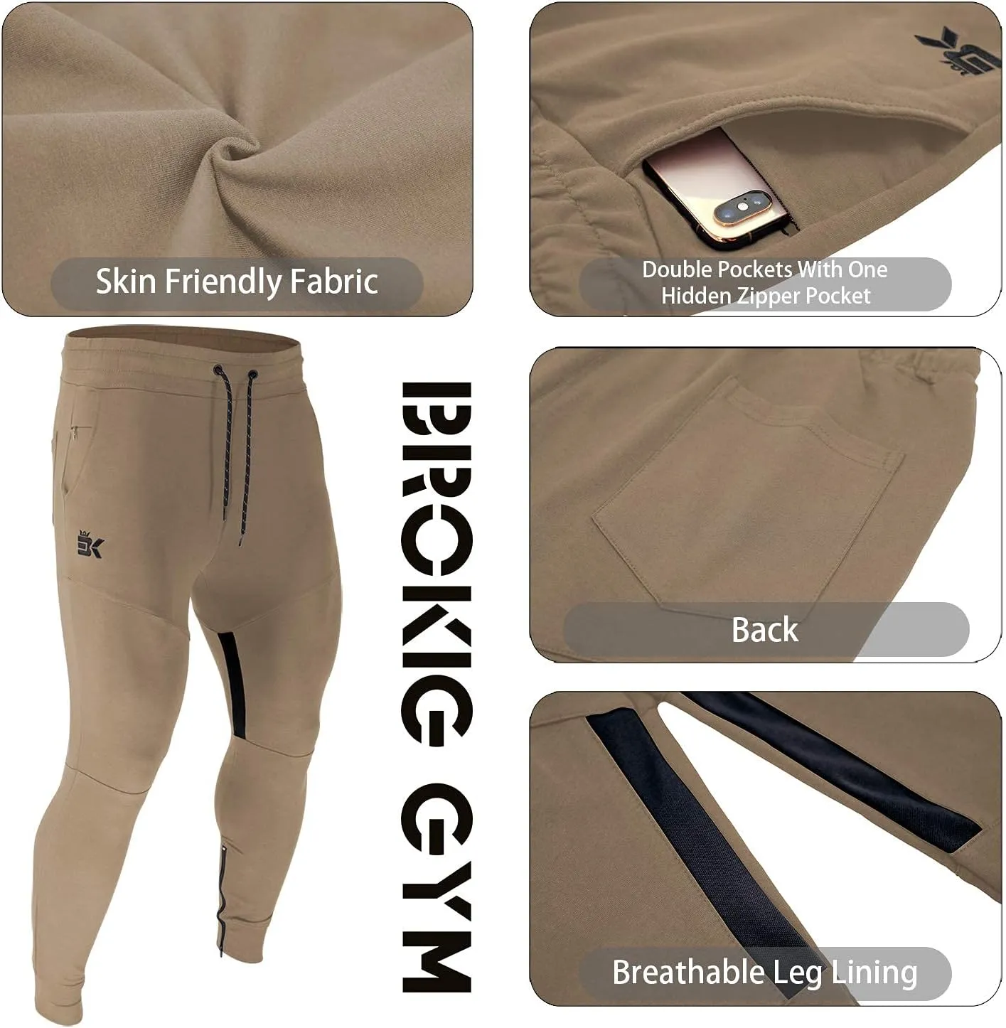 BROKIG Mens Gym Jogger Pants,Casual Slim Workout Sweatpants with Zipper Pockets Bodybuilding Athletic Pants