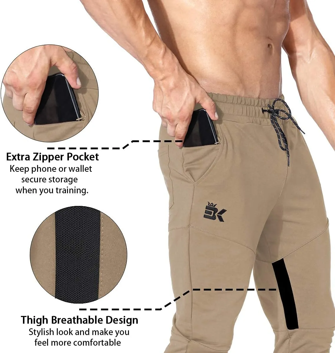 BROKIG Mens Gym Jogger Pants,Casual Slim Workout Sweatpants with Zipper Pockets Bodybuilding Athletic Pants