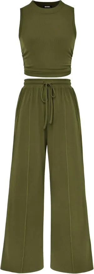 BTFBM Women Summer 2 Piece Outfits 2025 Beach Crew Neck Sleeveless Cropped Top Elastic Waist Wide Leg Pants Lounge Set