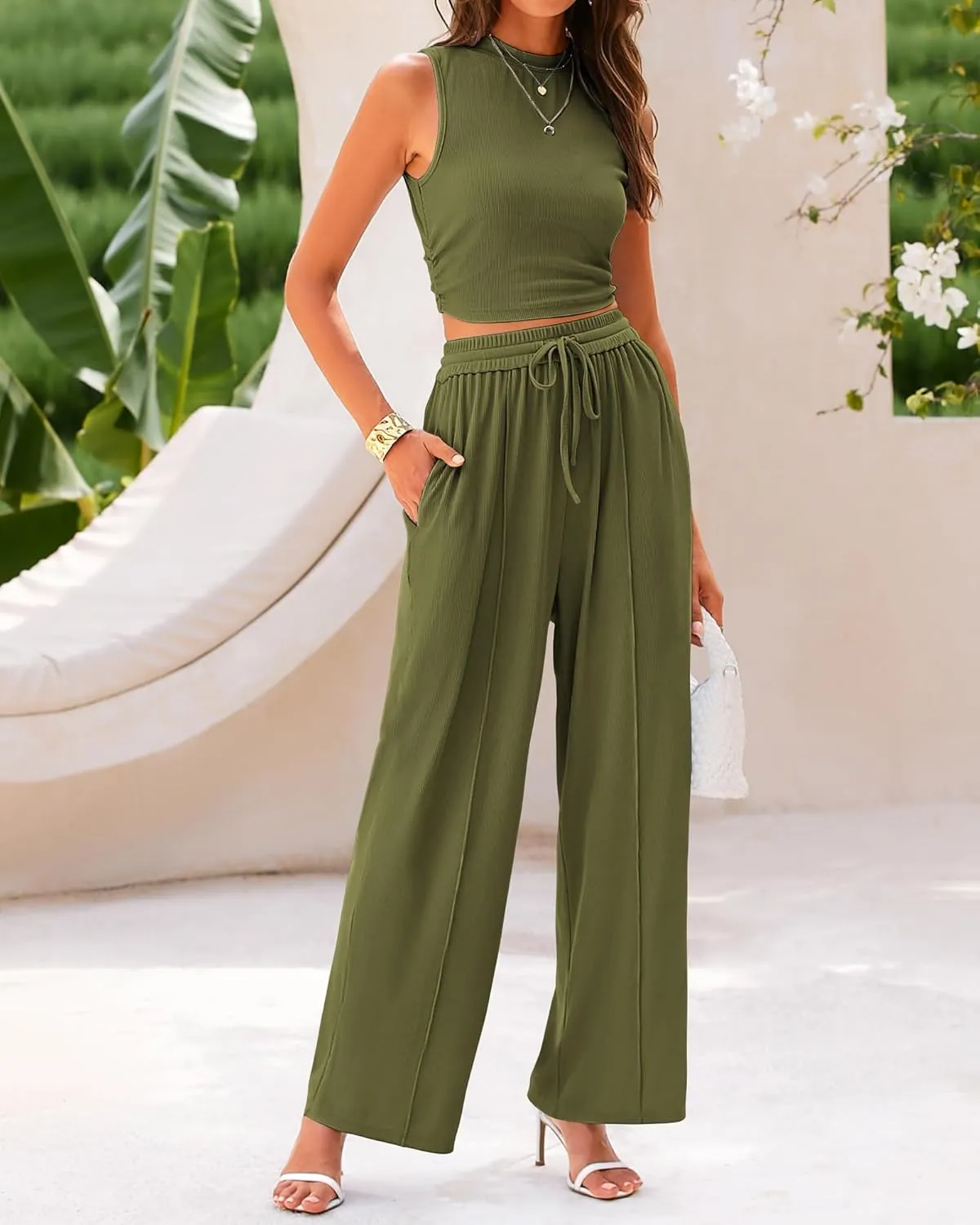 BTFBM Women Summer 2 Piece Outfits 2025 Beach Crew Neck Sleeveless Cropped Top Elastic Waist Wide Leg Pants Lounge Set