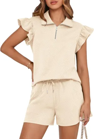 BTFBM Women's 2 Piece Outfits Sweatsuit Zipper V Neck Casual Ruffle Short Sleeve Tops and Drawstring Shorts Lounge Sets