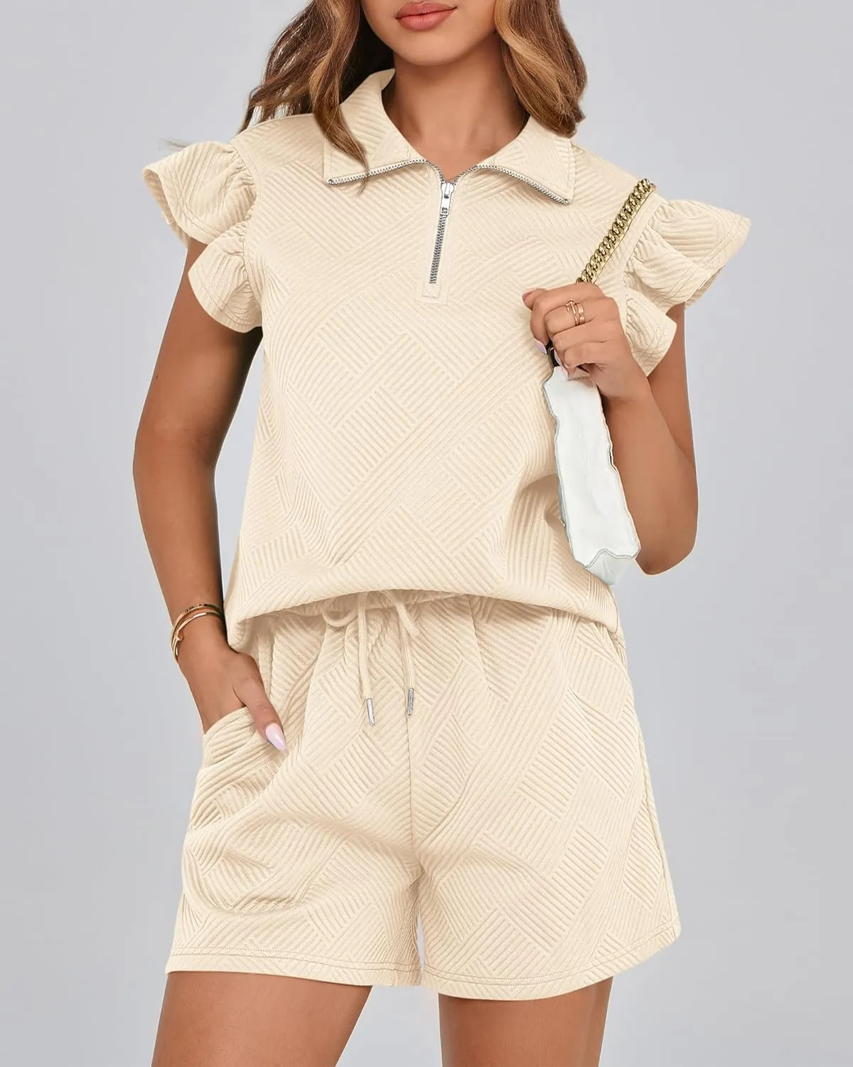 BTFBM Women's 2 Piece Outfits Sweatsuit Zipper V Neck Casual Ruffle Short Sleeve Tops and Drawstring Shorts Lounge Sets