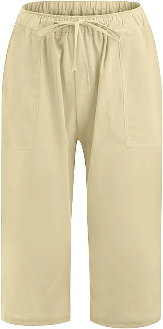 Capri Pants for Women Cotton Linen Blend Trousers High Waist Casual Seven Eighth Length Elegant Slim Fit Design