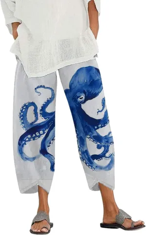 Capris Linen Pants for Women Ocean Japanese Art Printed Baggy Cropped Wide Leg Pallazzo Trousers Pants for Beach